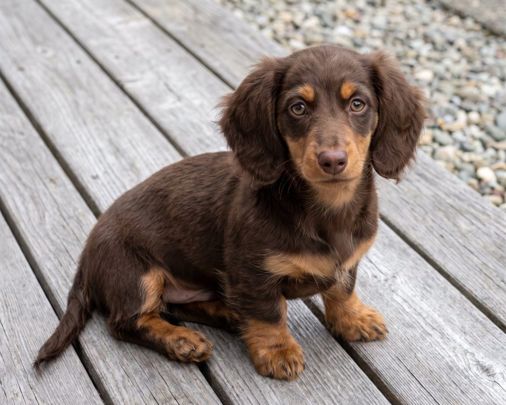 Clementine, a Mini/Miniature Long-Haired Chocolate & Tan Dachshund puppy available from Everpine