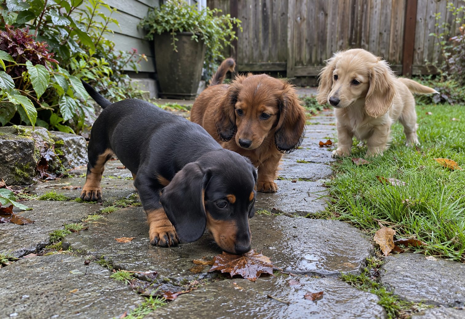 Illustrative image of three Dachshund puppies, black and tan, red and cream, on a garden path