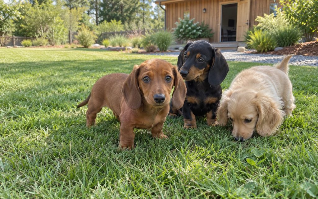 Illustrative image of three Dachshund puppies, red, black-and-tan and cream, on a lawn