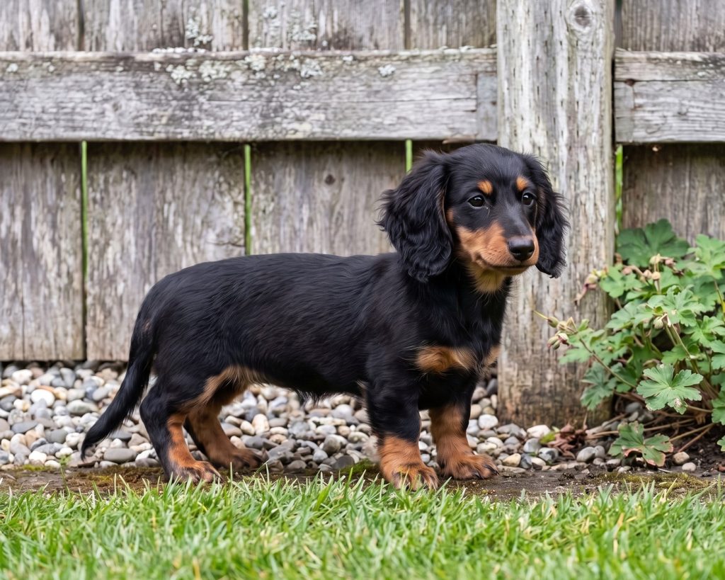 Frieda, a Mini/Miniature Long-Haired Black & Tan Dachshund puppy available from Everpine