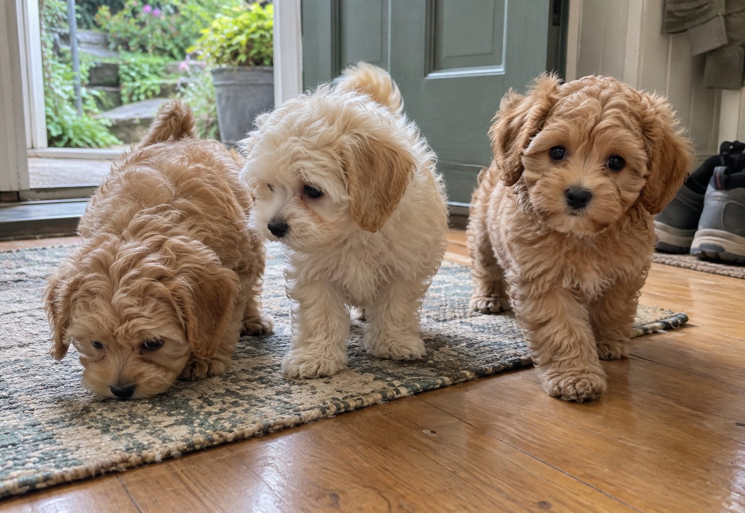 Illustrative image of three Maltipoo puppies exploring a rug by an open door