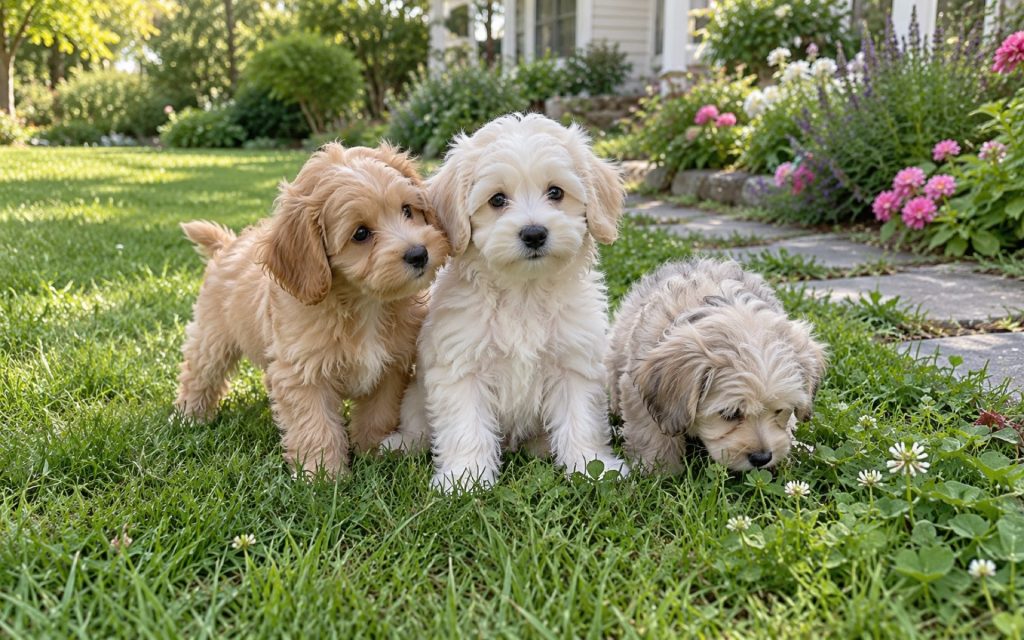 Illustrative image of three Maltipoo puppies, apricot, cream and grey, on a garden lawn