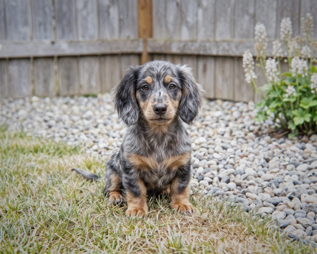 Percy, a Mini/Miniature Long-Haired Dapple Dachshund puppy available from Everpine