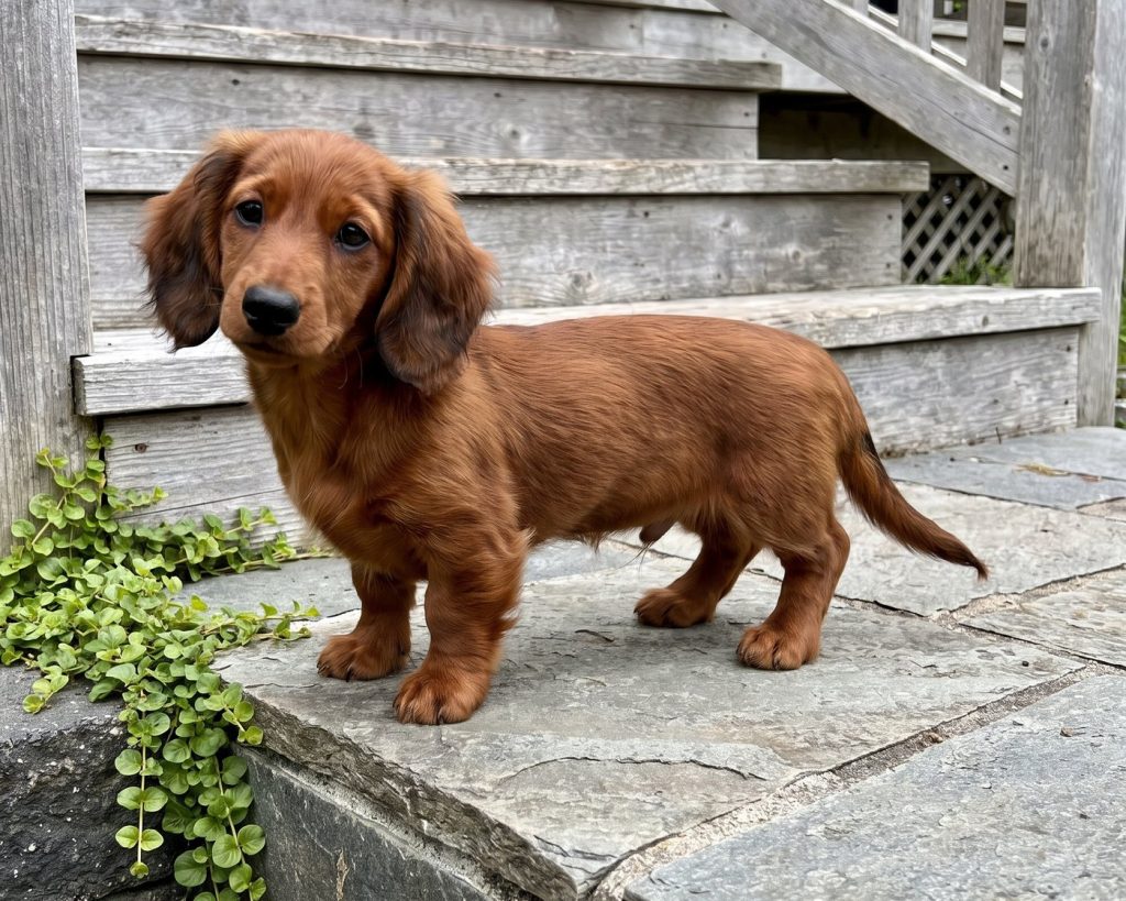 Sunny, a Mini/Miniature Long-Haired Red Dachshund puppy available from Everpine